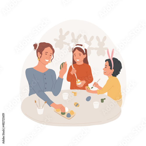 Eggs dyeing abstract concept vector illustration. Happy parents with kids painting Easter eggs together in the kitchen, religious holiday celebration, old family tradition abstract metaphor.