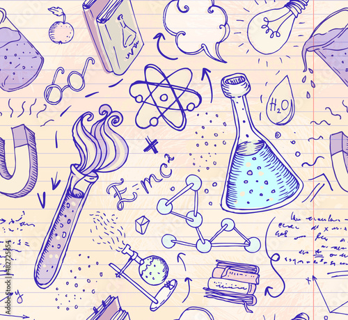 Back to School: science lab objects doodle vintage style sketches seamless pattern, vector illustration.
