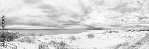 Obraz na płótnie Sand dunes of the Curonian Spit in the cloudy weather with the sky covered with clouds on the shore of the Curonian Bay w salonie