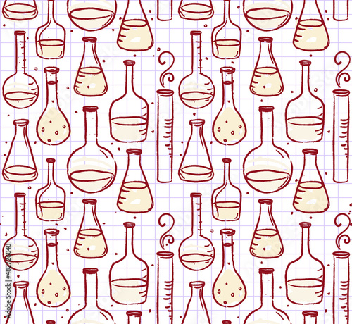 Back to school: Doodle style science laboratory beakers and test tubes illust...