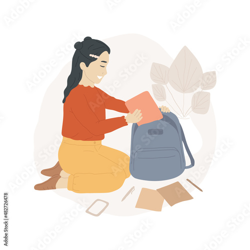 Pack a backpack abstract concept vector illustration. Smiling girl packing a bag, children daily routine, going to study, morning preparation for school, rush in the morning abstract metaphor.