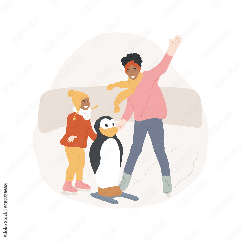 First-time ice skating abstract concept vector illustration. People ice skating for the first time, family active lifestyle, physical activity, penguin on ice, winter recreation abstract metaphor.