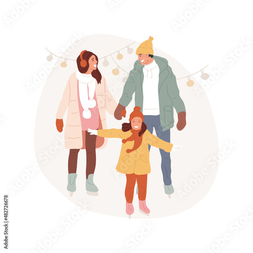 Family skating abstract concept vector illustration. Happy family skating in open-air park ice rink together, people healthy and active lifestyle, physical activity abstract metaphor.