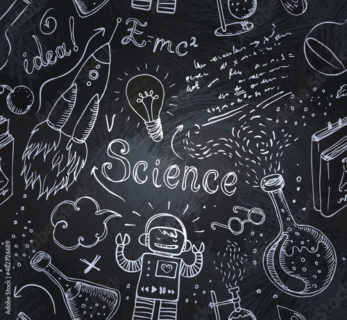 Back to School: science lab objects doodle vintage style sketches seamless pattern, vector illustration.