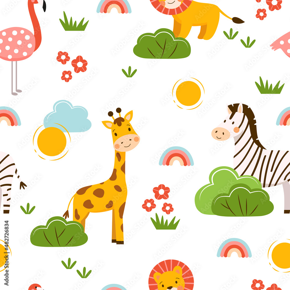 Naklejka premium Cute seamless pattern with wild animals. Vector print