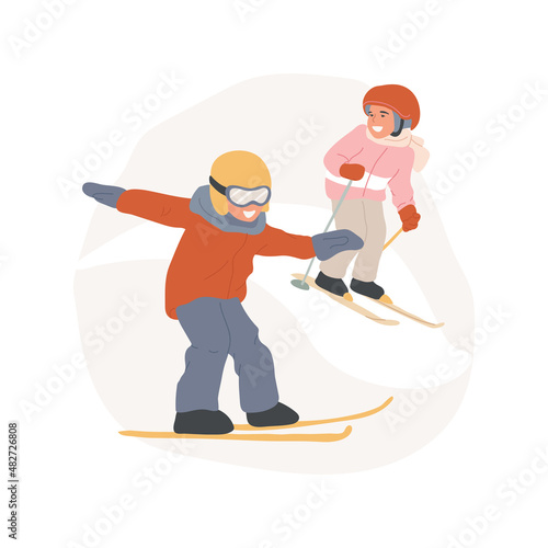 Ski tricks abstract concept vector illustration. Group of smiling kids jumping and making ski tricks, happy childhood, winter sports outdoors, people active lifestyle abstract metaphor.