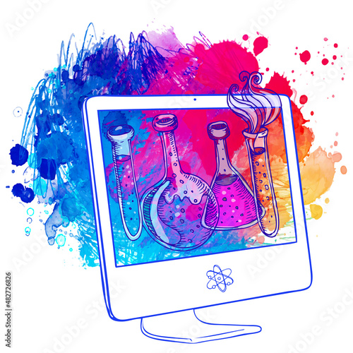 Back to School: e-learning technology concept with computer with science lab ...