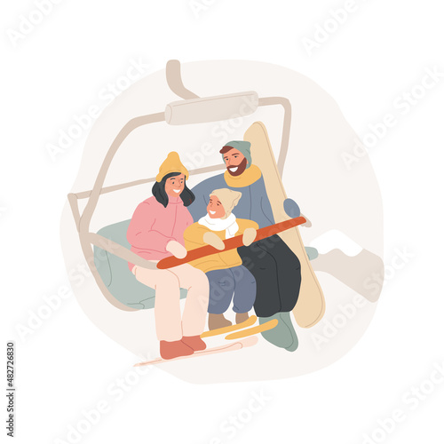Ski lift abstract concept vector illustration. Happy family in a ski chairlift in the resort, having fun together, showing love, people active lifestyle, extreme adventure abstract metaphor.
