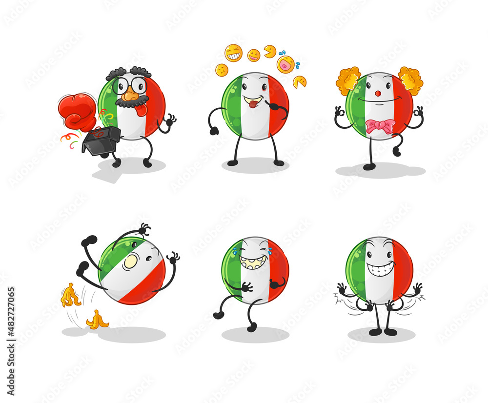 italy flag comedy set character. cartoon mascot vector