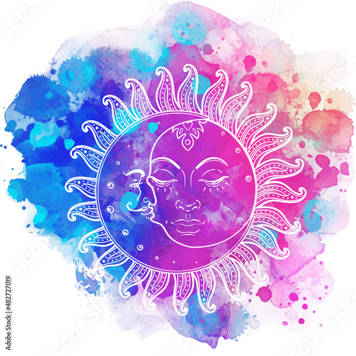 Sun and moon. Meditation concept. Vector illustration. Over colorful watercol...