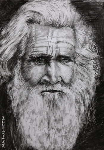 Old man with a mustache - illustration. Detailed drawing of an old sad man with a mustache and beard, painted with charcoal.