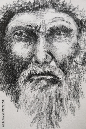 Old man with a mustache - illustration. Detailed drawing of an old sad man with a mustache and beard, drawn in pencil.