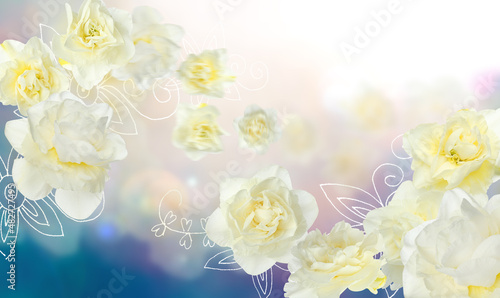 Fototapeta Naklejka Na Ścianę i Meble -  Beautiful flying narcissus flowers on color background