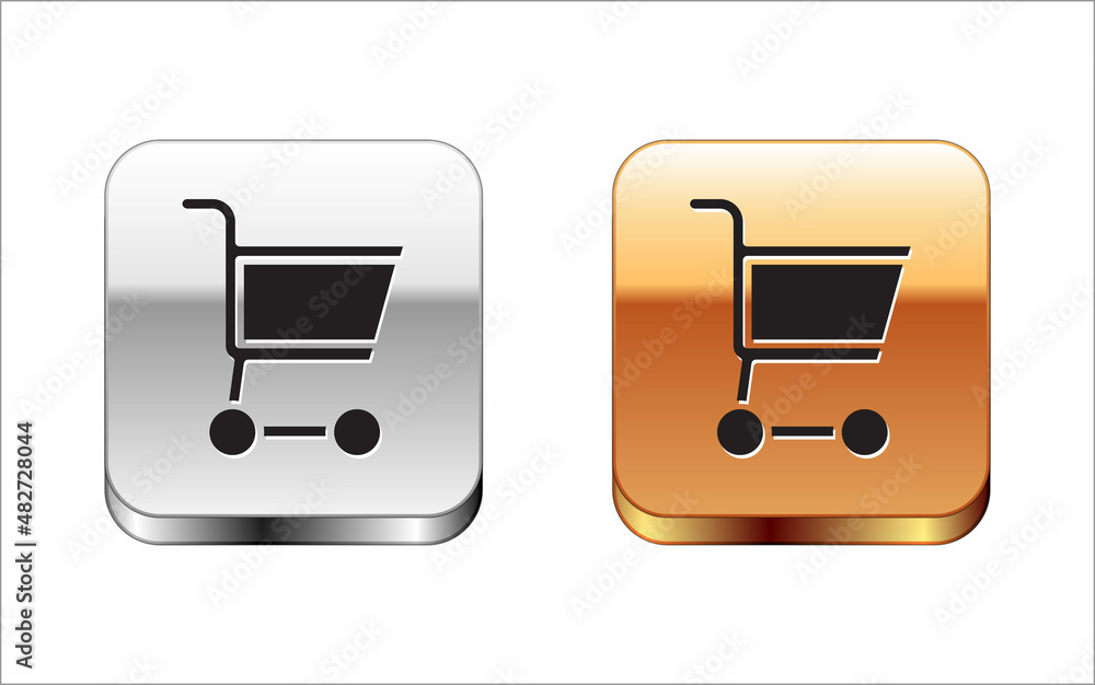 Black Shopping cart icon isolated on white background. Online buying concept. Delivery service sign. Supermarket basket symbol. Silver and gold square buttons. Vector Black Shopping cart icon isolated on white background. Online buying concept. Delivery service sign. Supermarket basket symbol. Silver and gold square buttons. Vector