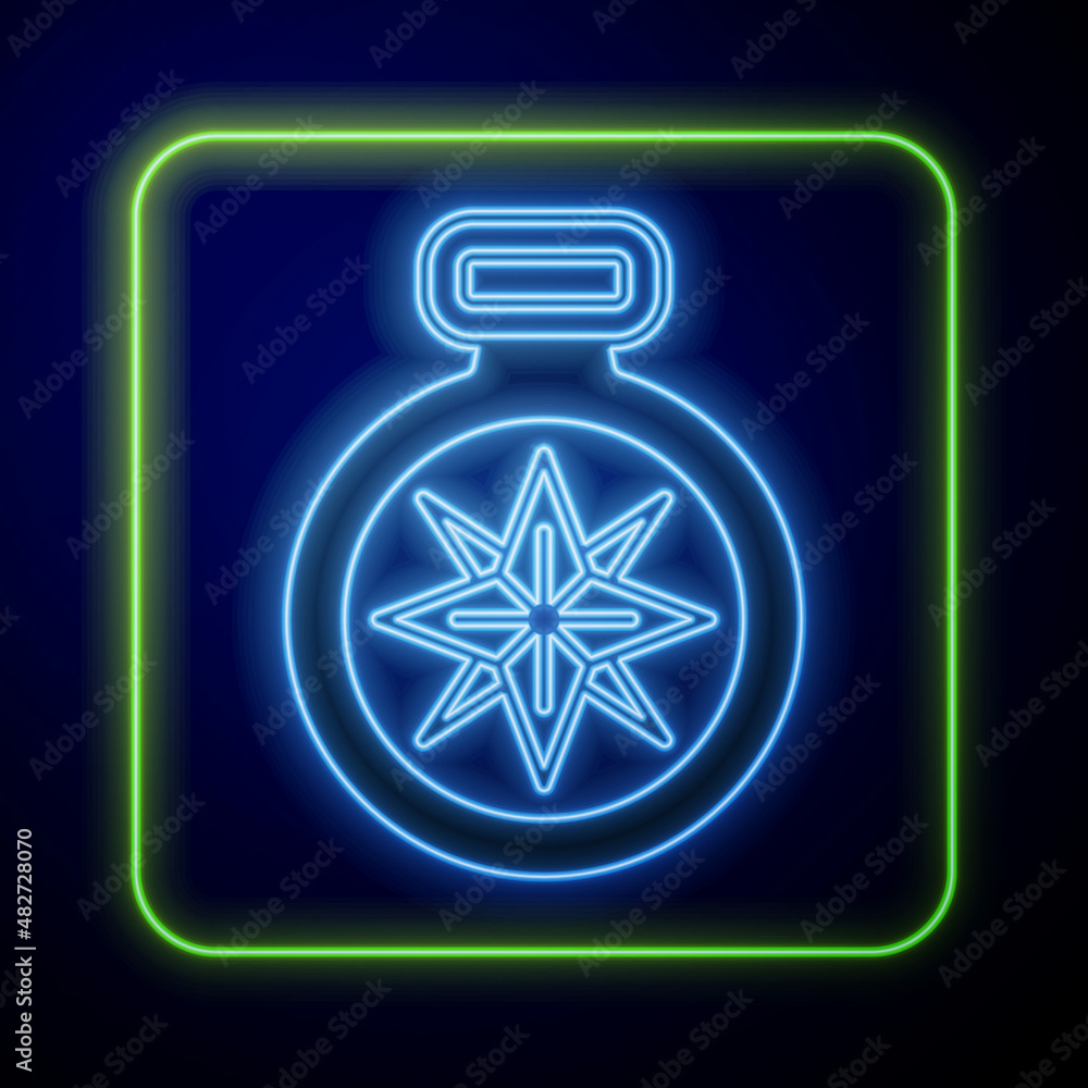 Glowing neon Compass icon isolated on blue background. Windrose navigation symbol. Wind rose sign. Vector Glowing neon Compass icon isolated on blue background. Windrose navigation symbol. Wind rose sign. Vector