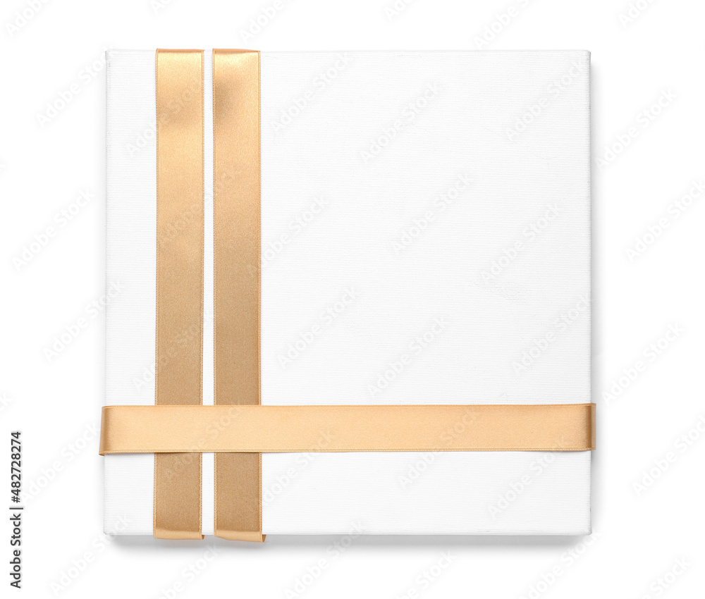 Blank board with golden ribbons on white background