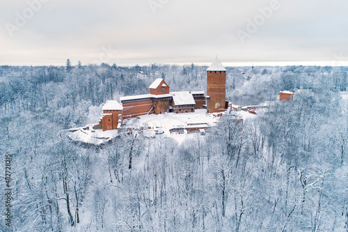 Aerial view of Turaida castle during winter in Sigulda, latvia photo