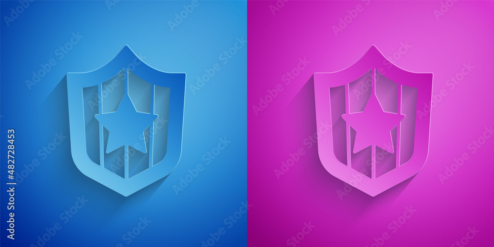 Paper cut Shield with stars and stripes icon isolated on blue and purple background. United States of America country flag. 4th of July. USA Independence day. Paper art style. Vector Paper cut Shield with stars and stripes icon isolated on blue and purple background. United States of America country flag. 4th of July. USA Independence day. Paper art style. Vector