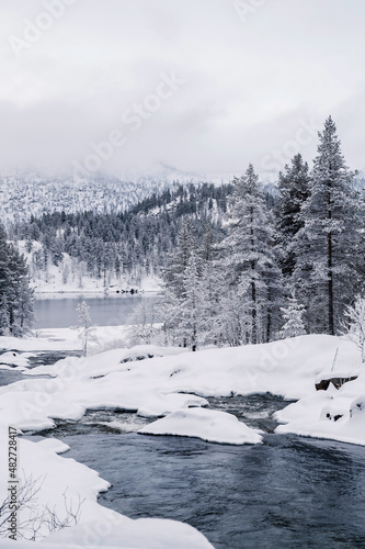 Little river in snowy Norwegian mountains during winter