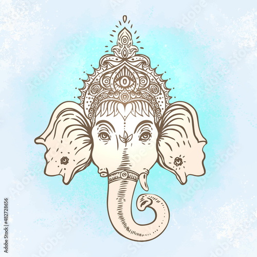 Hindu Lord Ganesha over ornate colorful mandala. Vector illustration.