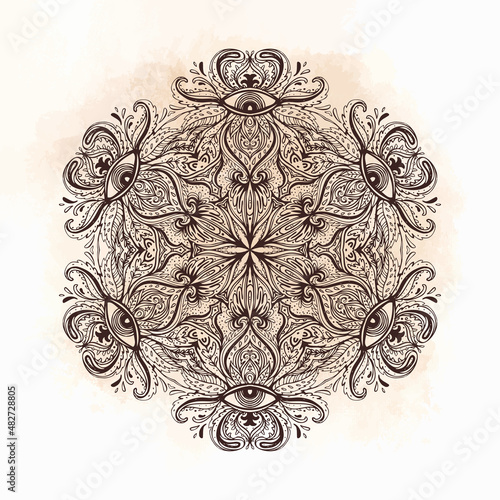 All seeing eye in ornate round mandala pattern. Mystic, alchemy, occult conce...