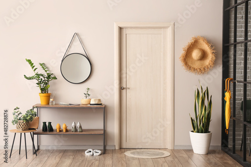 Interior of hallway with stand for shoes, mirror and houseplants near light wall photo