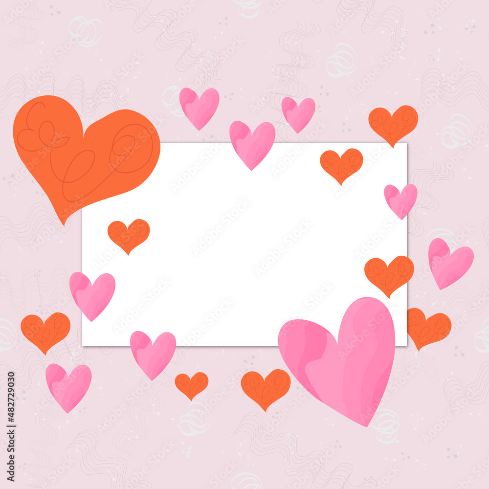 valentine or wedding card with pink and red hearts and background with abstract elements. vector graphics