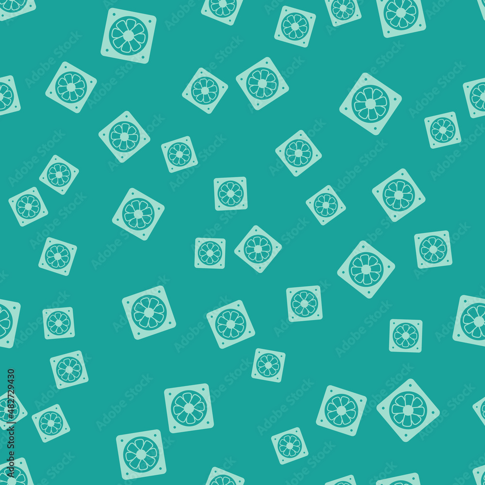 Green Computer cooler icon isolated seamless pattern on green background. PC hardware fan. Vector Green Computer cooler icon isolated seamless pattern on green background. PC hardware fan. Vector