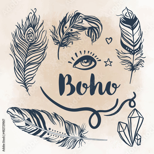 Gypsy Love: Set of Ornamental Boho Style Elements. Vector illustration. Tatto...