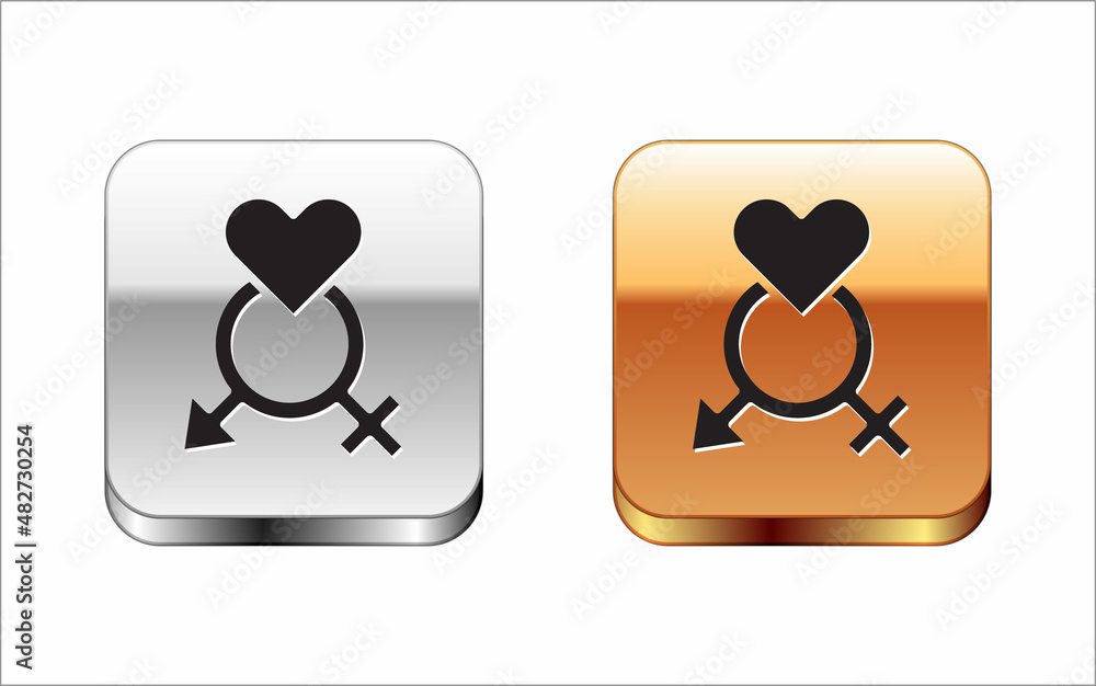 Black Gender icon isolated on white background. Symbols of men and women. Sex symbol. Silver and gold square buttons. Vector Black Gender icon isolated on white background. Symbols of men and women. Sex symbol. Silver and gold square buttons. Vector