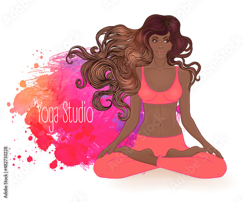 Beautiful African American Girl sitting in Lotus pose with ornate mandala on background. Vector illustration. Spa consent, yoga studio, or natural medicine clinic.
