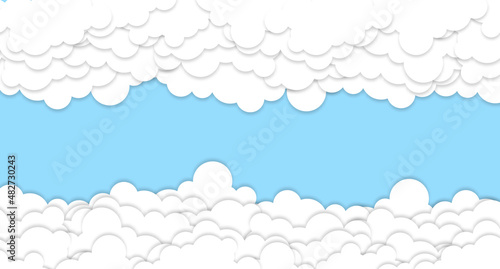 Clouds on blue sky banner. White cloud on blue sky in paper cut style. Clouds on transparent background. Vector paper clouds.White Cloud on blue sky paper cut design. Vector paper art illustration