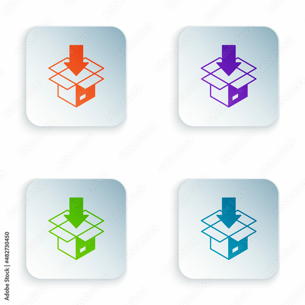 Color Carton cardboard box icon isolated on white background. Box, package, parcel sign. Delivery and packaging. Set colorful icons in square buttons. Vector Color Carton cardboard box icon isolated on white background. Box, package, parcel sign. Delivery and packaging. Set colorful icons in square buttons. Vector