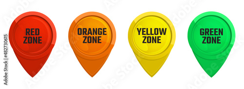 Set icons, tags to indicate important places on map, design flat style vector illustration, isolated on white. inscription on tag, designation of early zones color designation