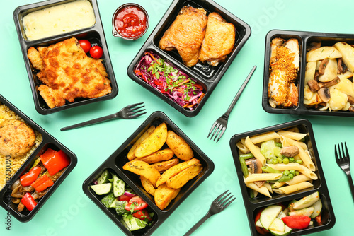 Lunch boxes with delicious meals and forks on color background