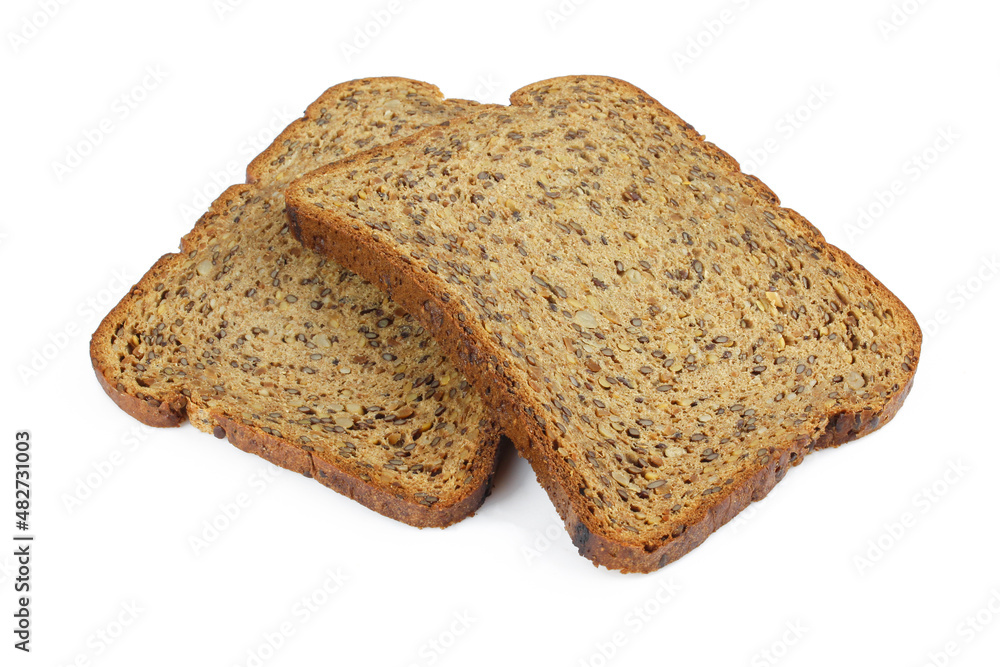 Two slices of wholemeal bread with seeds isolated on white background Two slices of wholemeal bread with seeds isolated on white background