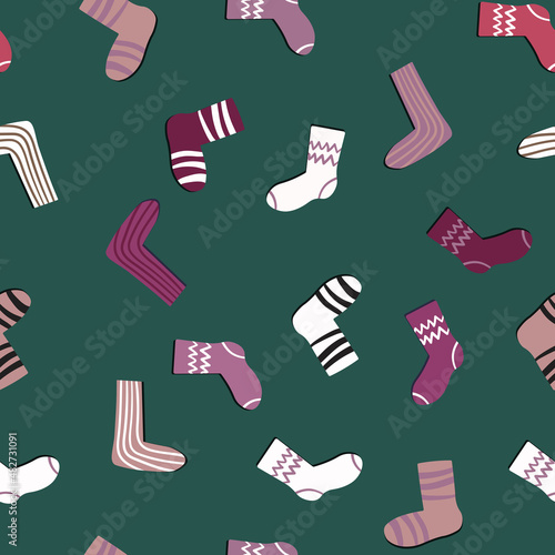 Seamless pattern with modern colorful socks. Trendy accessories in doodle style. Various cotton foot cloth. Cartoon socks for web and print  for invitation  card  fabric  textile. Vector illustration