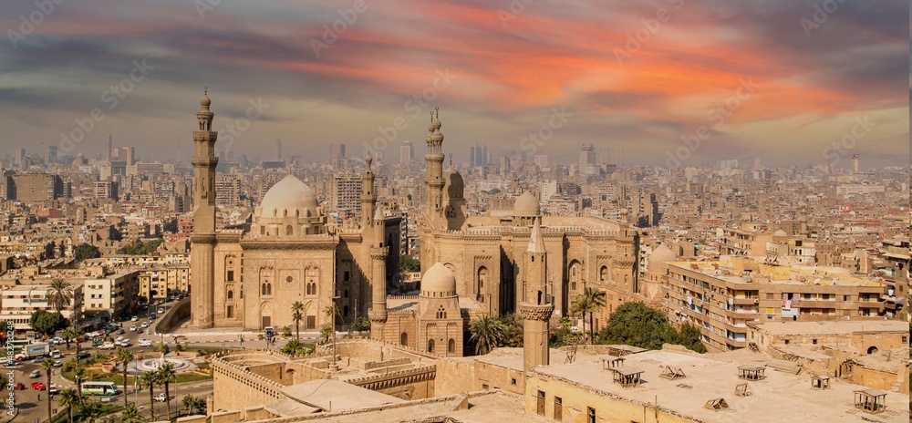 Fototapeta premium Panoramic view of the Rifai and Sultan Hassan Mosques in Cairo, Egypt