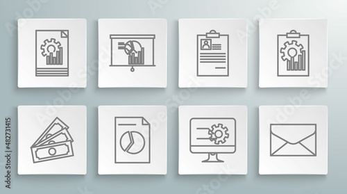 Set line Stacks paper money cash, Board with graph chart, Document, Computer monitor, Envelope, Clipboard resume, and icon. Vector