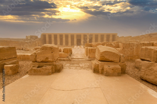 The famous temple of Sethos I in Abydos during a foggy sunset photo