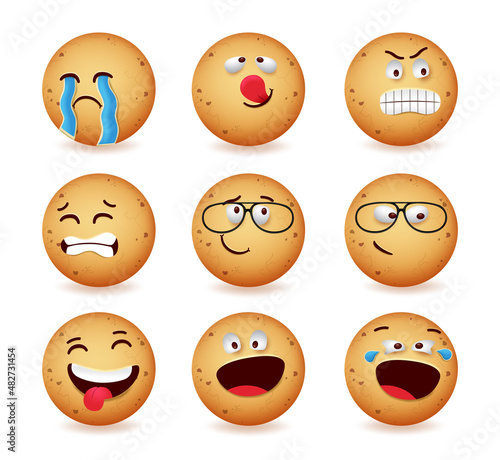 Cookies emoji vector set design. Cookie ginger bread emoji in jolly, angry and crying faces reaction isolated in white background for cute cartoon characters collection. Vector illustration.
