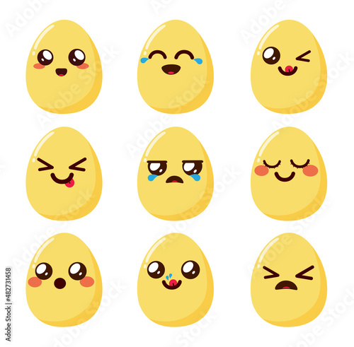 Emojis egg vector set design. Kawaii emoji characters with happy, cute and sad facial expressions in oval shape faces for easter eggs hunting season emoticon. Vector illustration.
