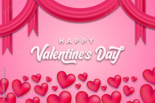 Valentines day background with ribbon and heart pattern decorated with typography of happy valentines day