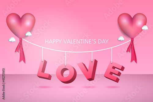 Background of valentines day with illustratuon flying ballon with 3D typography of love word