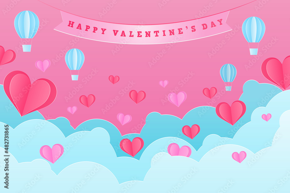 Valentines day background in papercut style decorated with illusstration of sky, heart and typography