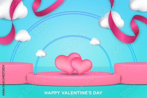 Background of vakentines day with blue backdrop and couple of heart on the podium