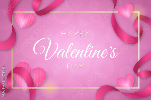 Valentines day background decorated with 3D heart and pink ribbon