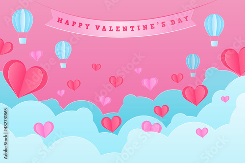 Valentines day background in papercut style decorated with illusstration of sky, heart and typography