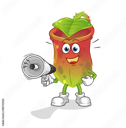 Nepenthes holding hand loudspeakers vector. cartoon character