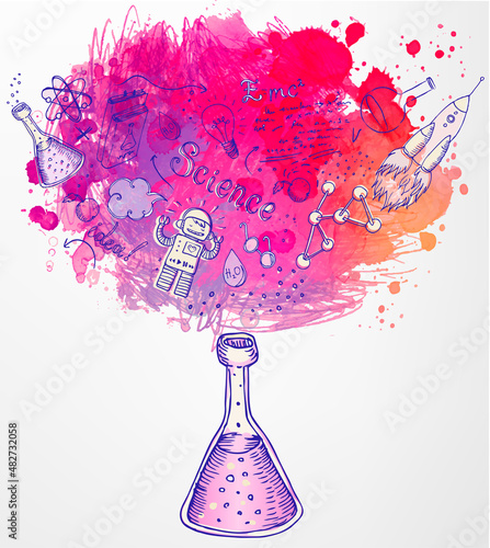 Back to school: Science learning symbols from bulb. Education concept. Vector...